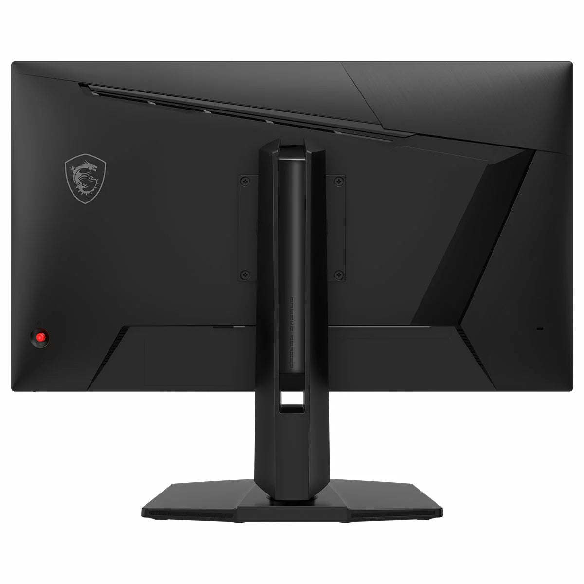 Front three-quarter angle of the black 27-inch MSI MAG 275UPD E14 gaming monitor on an adjustable arm stand, displaying a crisp, colorful competitive shooter battlefield in a clean dark-themed setup.