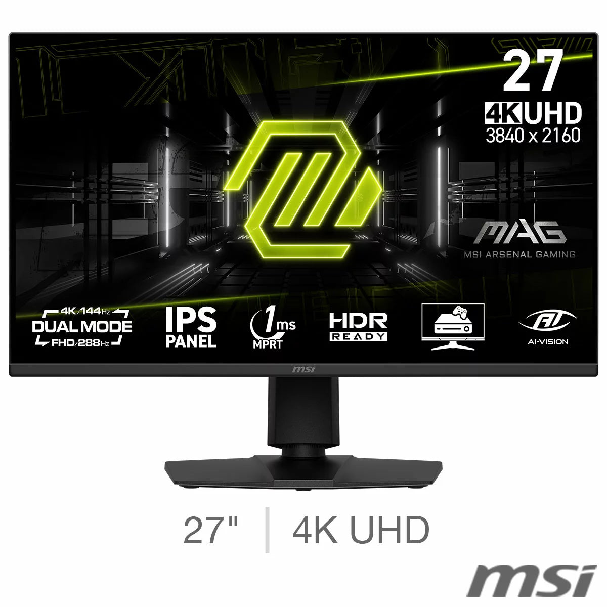 Front three-quarter angle of the black 27-inch MSI MAG 275UPD E14 gaming monitor on an adjustable arm stand, displaying a crisp, colorful competitive shooter battlefield in a clean dark-themed setup.