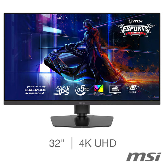 Front view of the black 32-inch MSI MAG 322URDF 4K IPS gaming monitor displaying a vibrant digital game scene on an dark wooden desk.