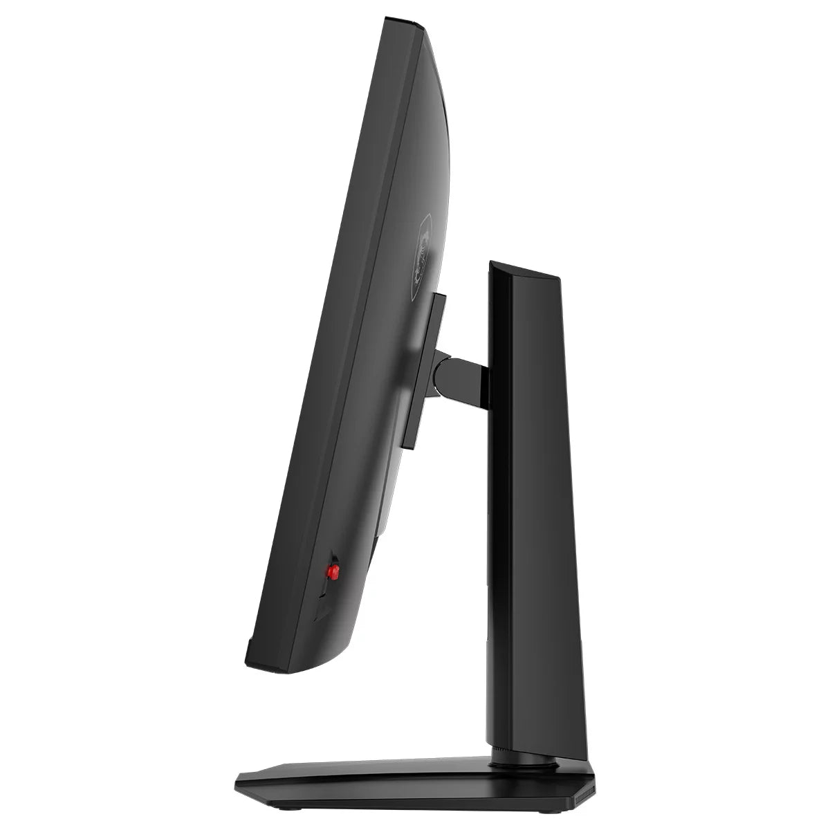 Front angle view of the black 32-inch MSI MAG gaming monitor displaying a vibrant, high-contrast digital sci-fi landscape on its matte screen in a dimly lit gaming setup.