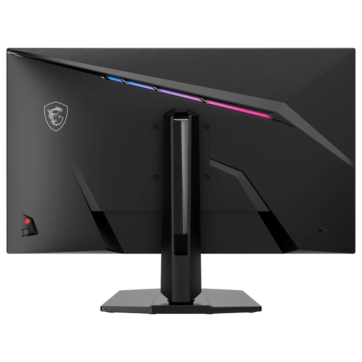 Front angle view of the black 32-inch MSI MAG gaming monitor displaying a vibrant, high-contrast digital sci-fi landscape on its matte screen in a dimly lit gaming setup.