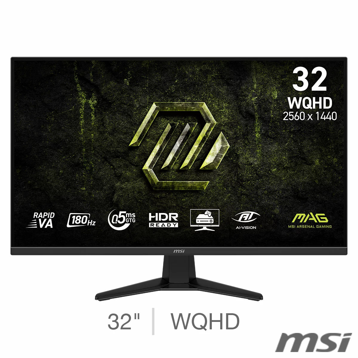 MSI MAG 325QF E18V 32 inch WQHD curved gaming monitor model 9S6-3DE11M-003 displaying an action game scene showcasing its sharp curve and frameless bezel. - 1