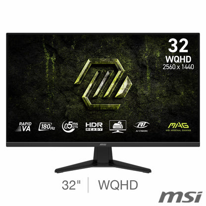 MSI MAG 325QF E18V 32 inch WQHD curved gaming monitor model 9S6-3DE11M-003 displaying an action game scene showcasing its sharp curve and frameless bezel. - 1