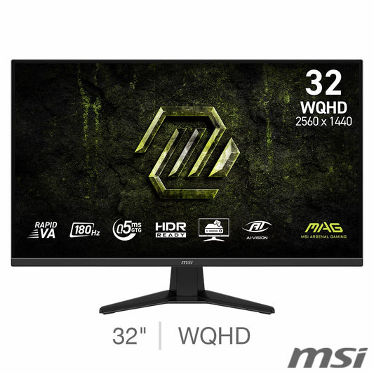 MSI MAG 325QF E18V 32 inch WQHD curved gaming monitor model 9S6-3DE11M-003 displaying an action game scene showcasing its sharp curve and frameless bezel. - 1
