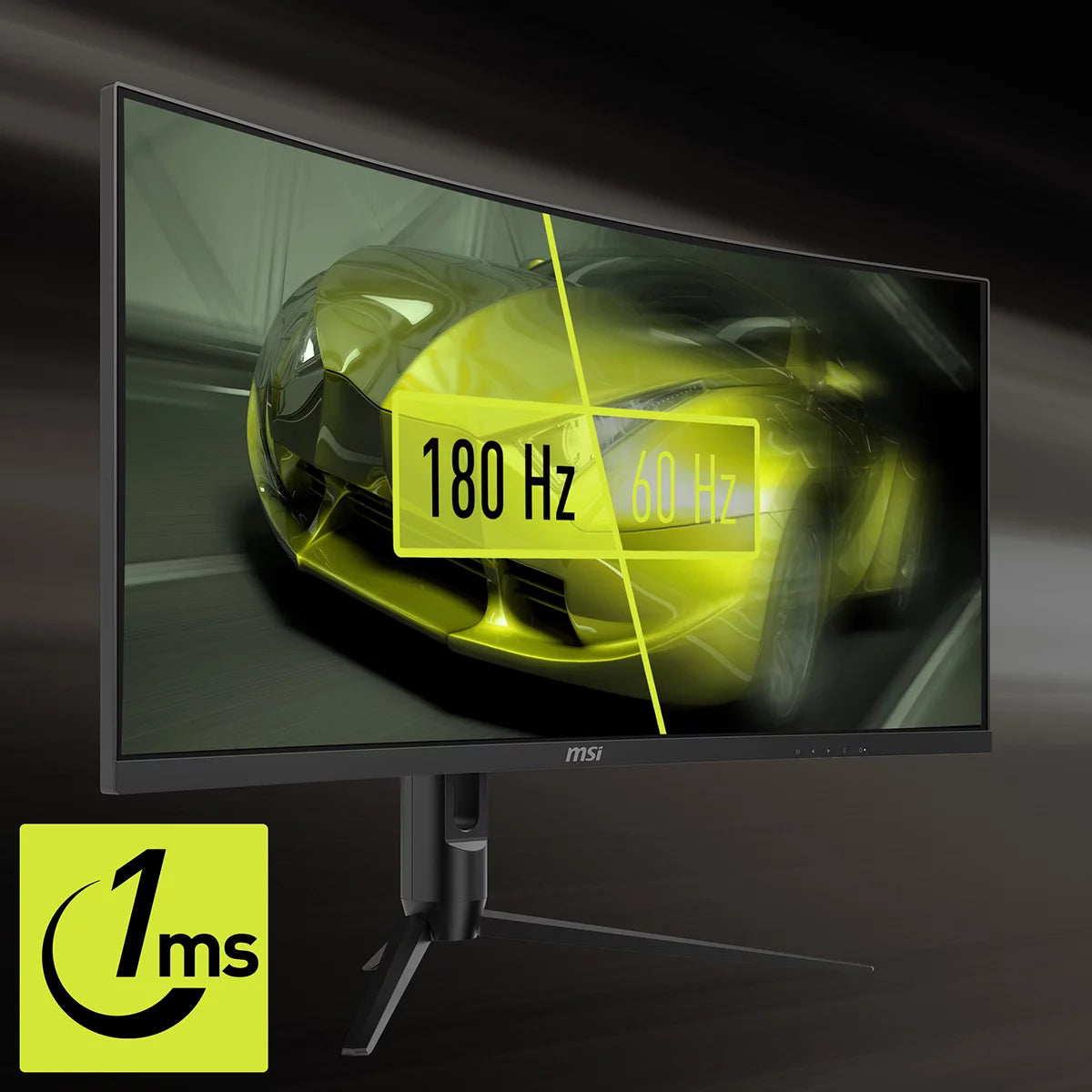 Front angle view of the black 34-inch MSI MAG 342CQR E2 curved ultrawide gaming monitor displaying a vibrant, high-contrast action scene on a clean gaming desk setup.