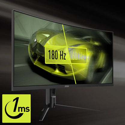 Front angle view of the black 34-inch MSI MAG 342CQR E2 curved ultrawide gaming monitor displaying a vibrant, high-contrast action scene on a clean gaming desk setup.