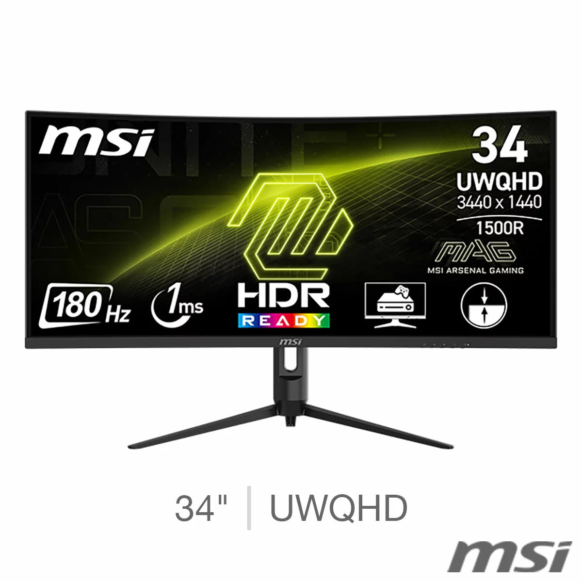 Front angle view of the black 34-inch MSI MAG 342CQR E2 curved ultrawide gaming monitor displaying a vibrant, high-contrast action scene on a clean gaming desk setup.