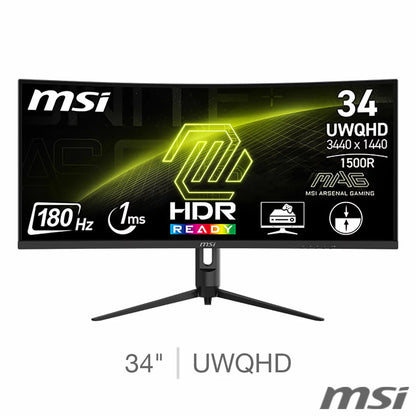 Front angle view of the black 34-inch MSI MAG 342CQR E2 curved ultrawide gaming monitor displaying a vibrant, high-contrast action scene on a clean gaming desk setup.