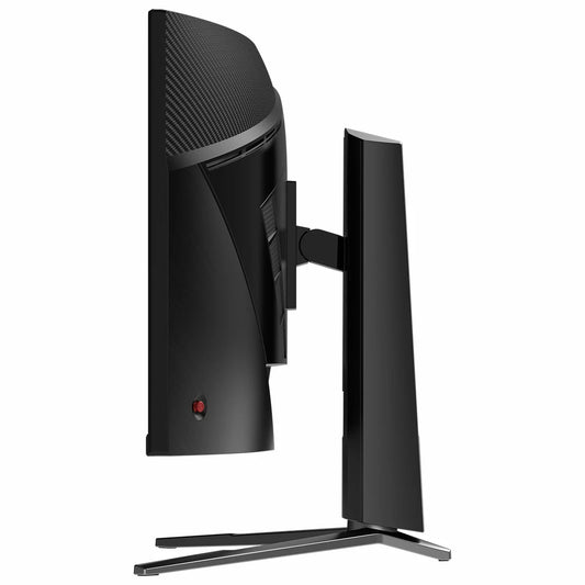 Front view of the black 34-inch MSI MPG 346CQRF X24 ultrawide curved gaming monitor displaying a vibrant sci-fi shooter game on a sleek minimalist desk setup.