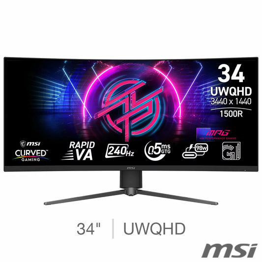 MSI MPG 346CQRF X24 34-inch UWQHD black curved gaming monitor displaying a vibrant game landscape on a modern desk setup.