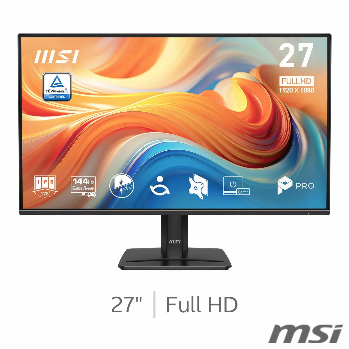 MSI PRO MP271 E14A 27 inch Full HD IPS monitor model 9S6-3PE9CM-003 showing its four-sided frameless layout and built-in stand structure. - 1