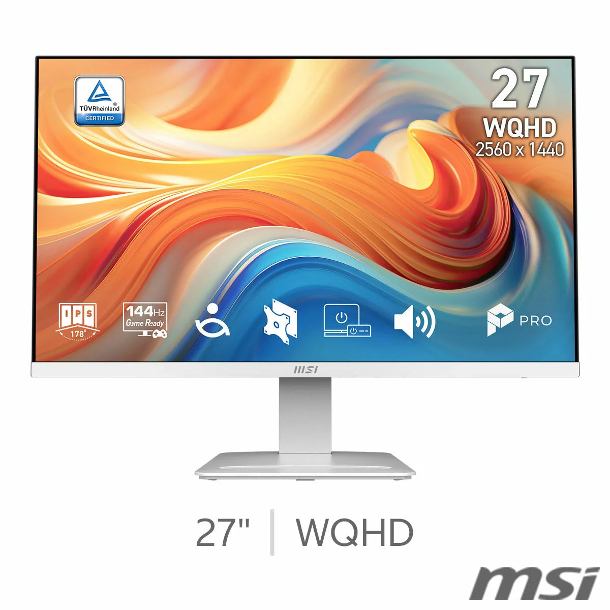 Front view of the white MSI PRO MP273QW E14 27-inch IPS monitor on a clean minimalist desk, displaying a vibrant color test pattern with a smartphone resting in the built-in base slot.
