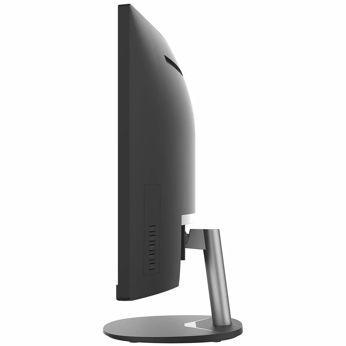 Front view of the matte black 34-inch MSI PRO MP341CQ ultrawide curved monitor on a minimalist desk, displaying side-by-side project windows in a brightly lit modern office.