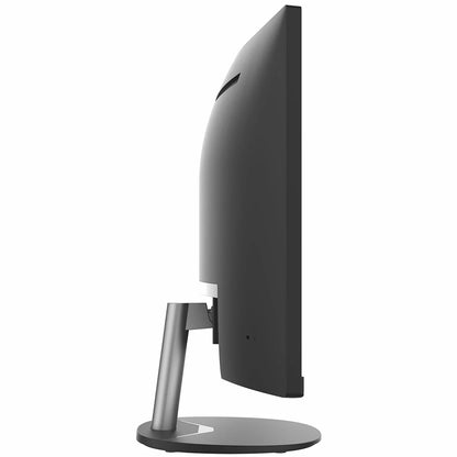 Front view of the matte black 34-inch MSI PRO MP341CQ ultrawide curved monitor on a minimalist desk, displaying side-by-side project windows in a brightly lit modern office.