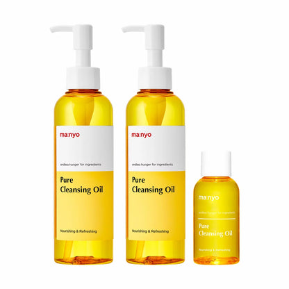 Ma:nyo Pure Cleansing Oil set, including two 200ml bottles and one 55ml travel bottle, displayed against a clean, minimalist background.