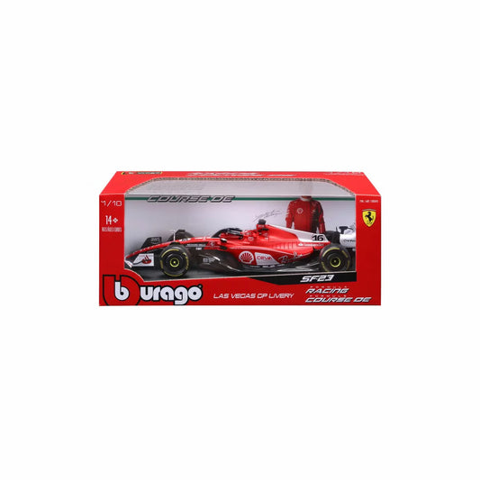 A 1:18 scale diecast model of the red and white 2023 Ferrari SF-23 Charles Leclerc Las Vegas GP Formula 1 race car showcasing official sponsor logos.