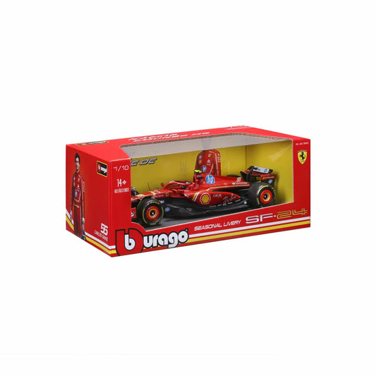 A detailed 1:18 scale diecast model of the red 2024 Ferrari SF-24 Carlos Sainz Formula 1 race car showcasing number 55 and official sponsor liveries.