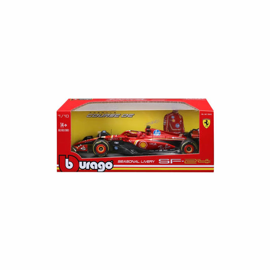 A 1:18 scale diecast model of the red 2024 Ferrari SF-24 Charles Leclerc Formula 1 race car showcasing official sponsor decals and rubber tires.