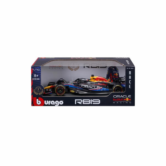 Side profile view of Maisto 1:18 scale Red Bull Racing 2023 Austin GP Max Verstappen diecast car on a sleek dark surface showing detailed race livery and rubber tires.