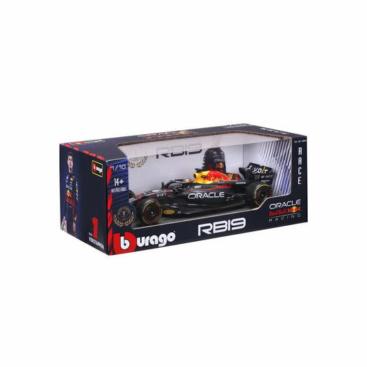 Three-quarter front angle of Maisto 1:18 scale dark navy matte Red Bull RB19 diecast car with gold accent livery on a clean reflective surface.