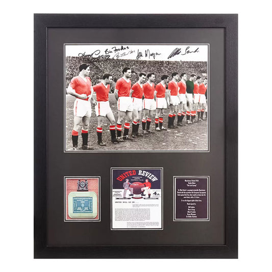 A professionally framed black and white photograph of the 1958 Busby Babes Manchester United lineup, featuring five clear athlete signatures.