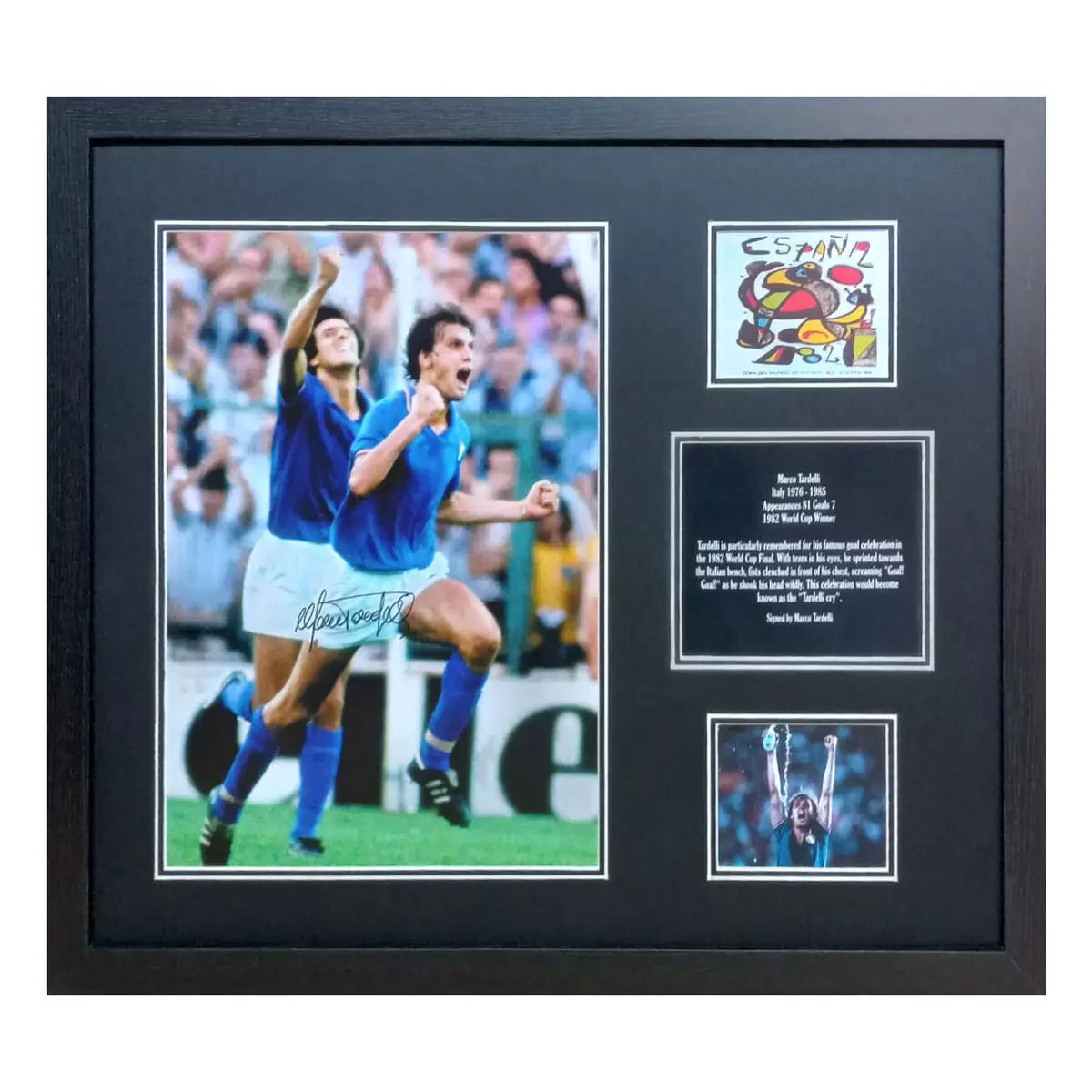  A professionally framed action photograph of Marco Tardelli shouting in celebration during the 1982 World Cup final, featuring a crisp hand-signature.
