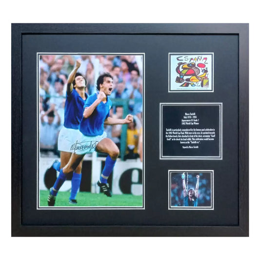  A professionally framed action photograph of Marco Tardelli shouting in celebration during the 1982 World Cup final, featuring a crisp hand-signature.