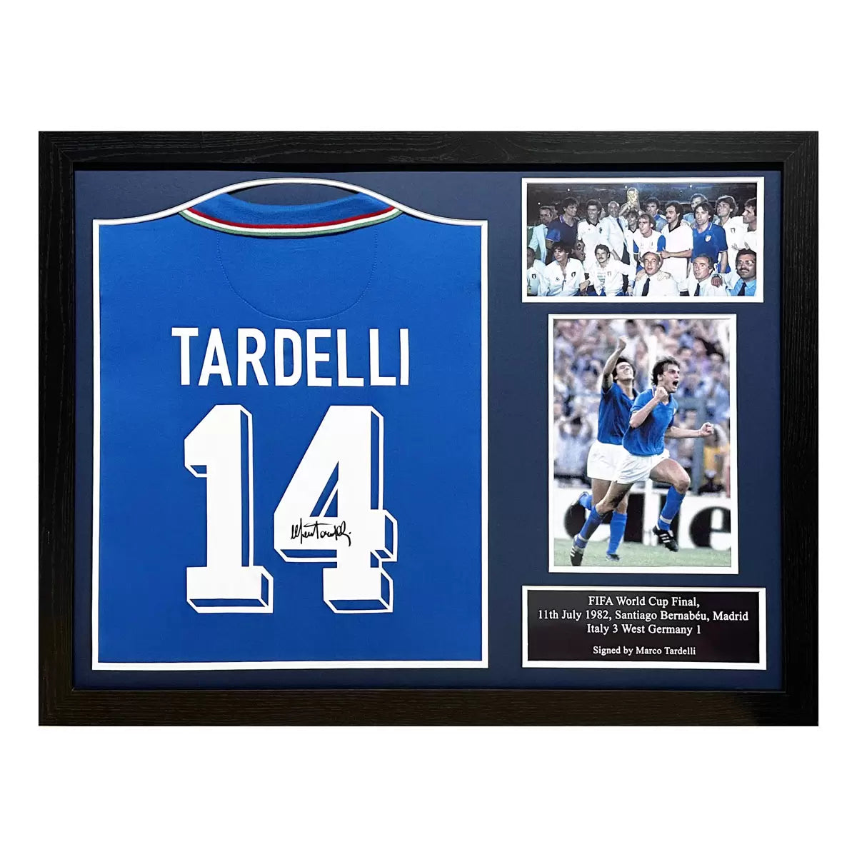 A professionally framed Italy 1982 retro football shirt autographed by Marco Tardelli, presented in a high-clarity display case against a neutral professional background.