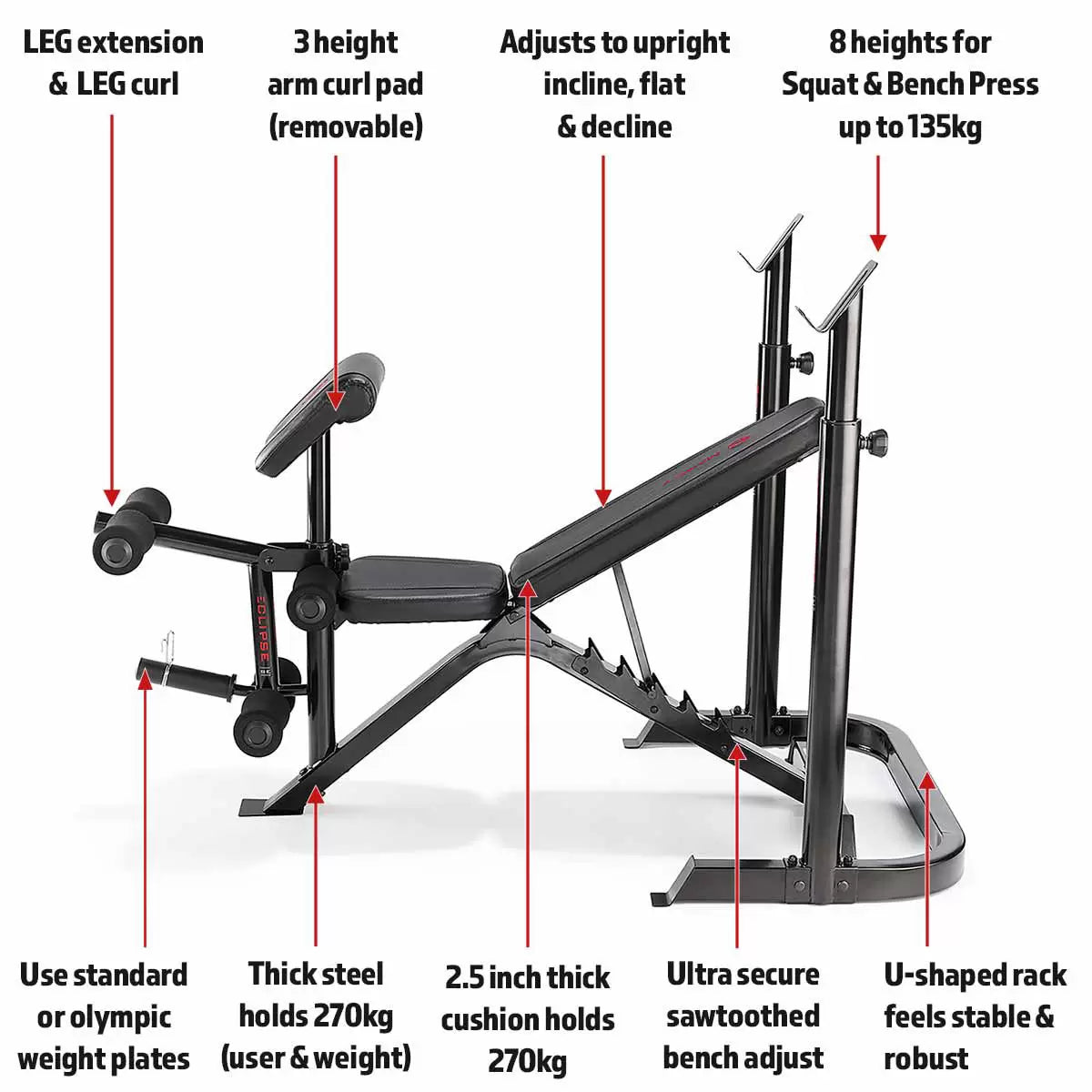 Marcy BE3000 Eclipse Weight Bench and Squat Rack for full body strength training and home gym workouts
