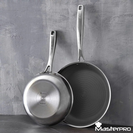 Stainless steel MasterPro Ceratech 2-piece fry pan set displaying textured laser-etched internal mesh and flared rims on a modern kitchen counter.