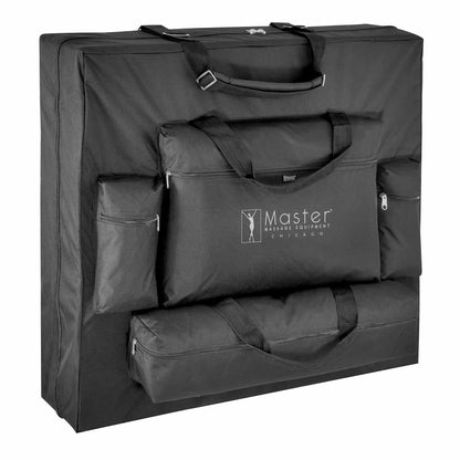 The Master Massage Gibraltar 81cm table fully set up with a bolster and face cradle in a professional treatment room, highlighting the rich wood grain and premium upholstery.