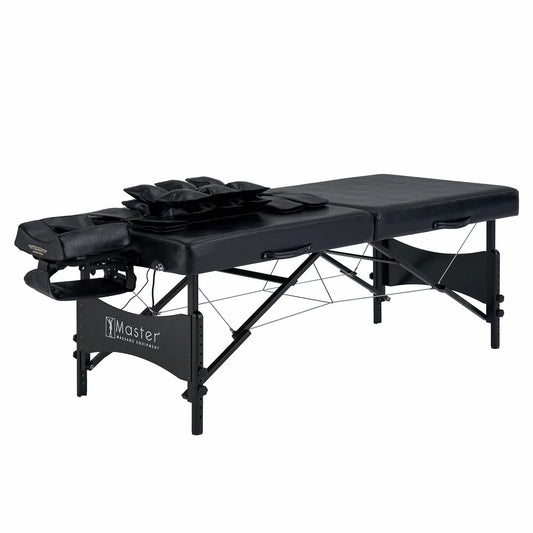 The Master Massage Monaco Airwave table showcased in a professional setting with its integrated air control console, demonstrating the sleek, ergonomic design and high-quality upholstery.