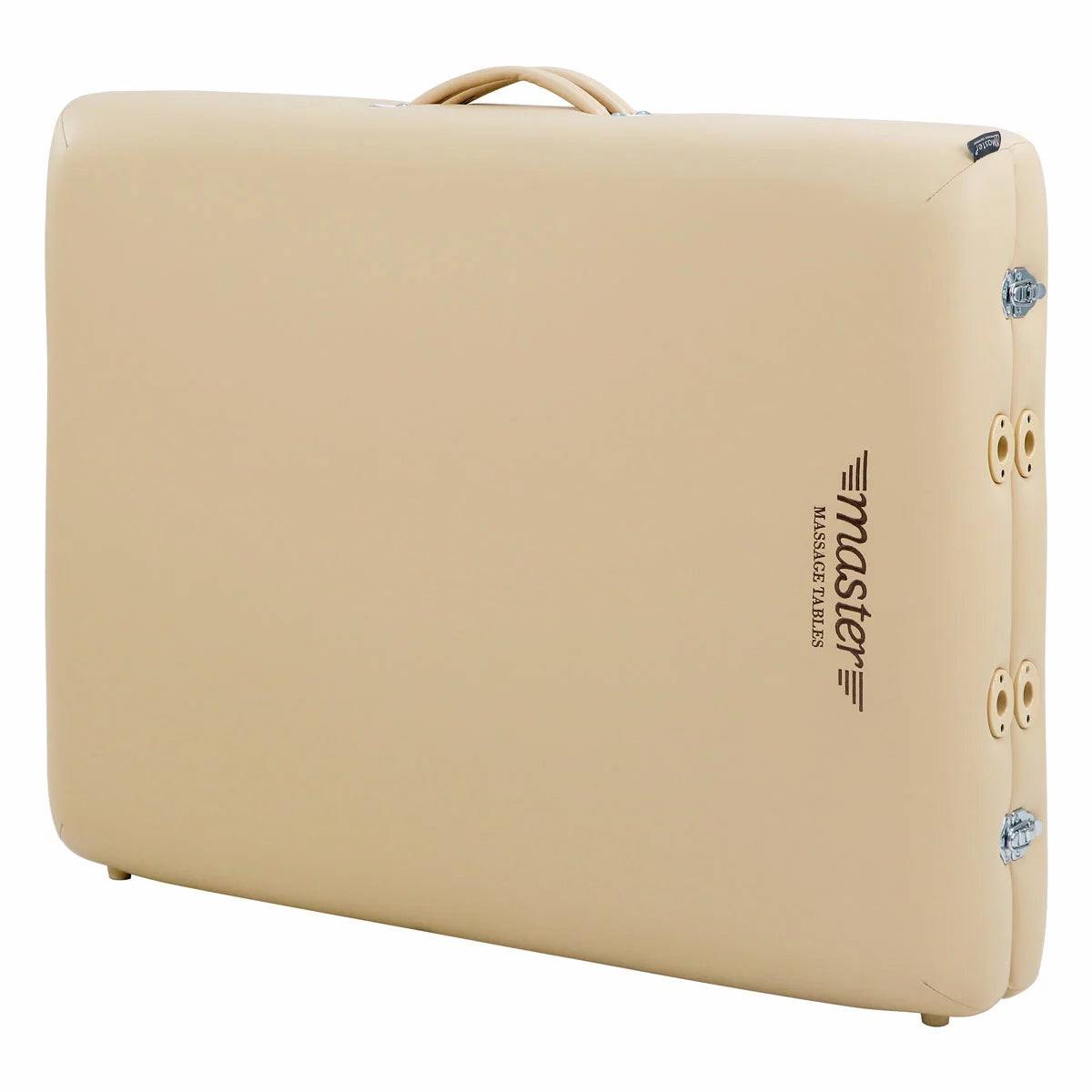 The Master Massage Paradise 71cm portable table in cream, shown in a professional setting with its included accessories, demonstrating its stable wood frame and ergonomic design.