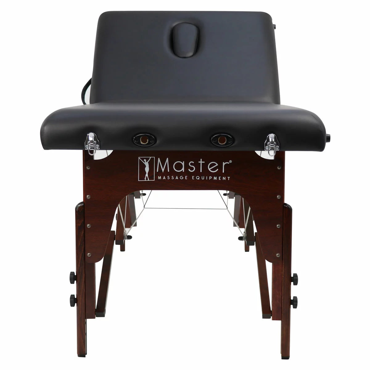 The Master Massage SomeRest table featuring its adjustable liftback in a raised position, displayed in a bright, modern studio with its included face cradle and carrying case nearby.