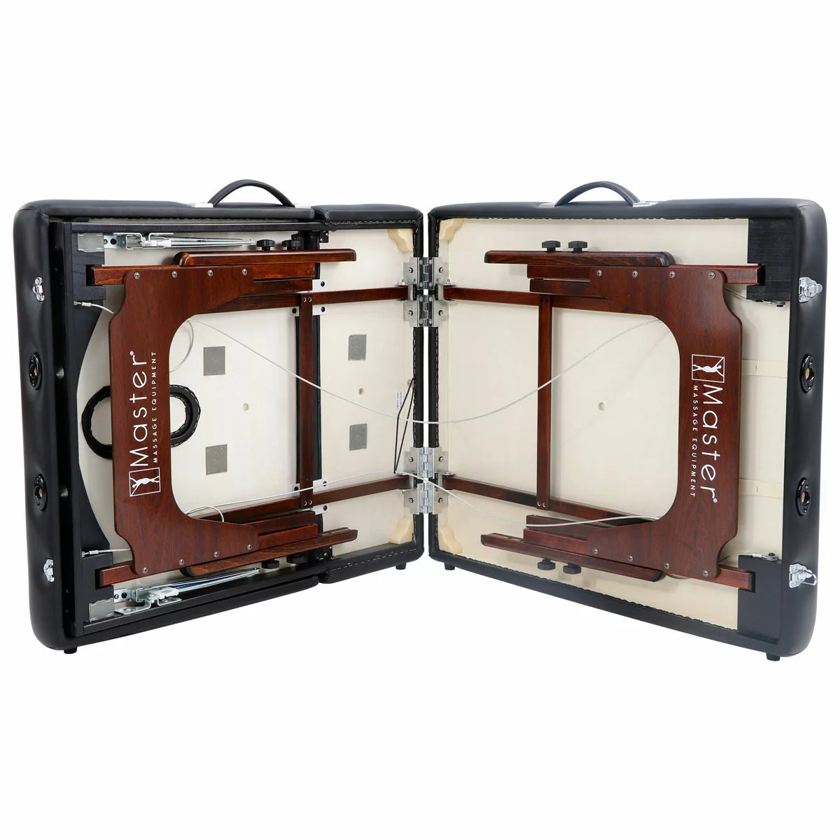 The Master Massage SomeRest table featuring its adjustable liftback in a raised position, displayed in a bright, modern studio with its included face cradle and carrying case nearby.