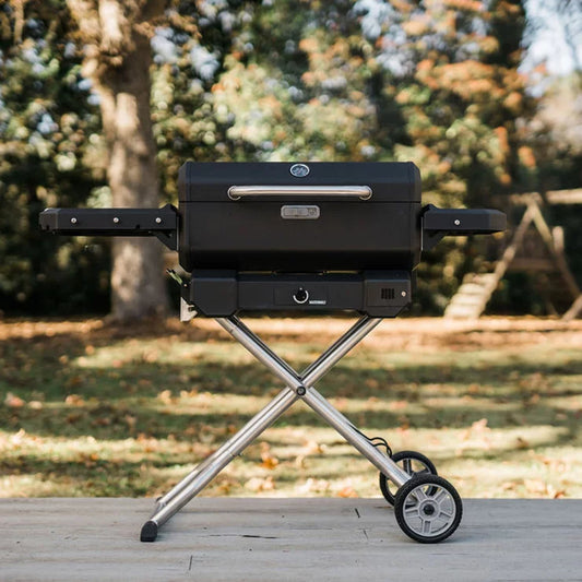 Masterbuilt portable charcoal BBQ and smoker on a black wheeled cart with a side shelf.