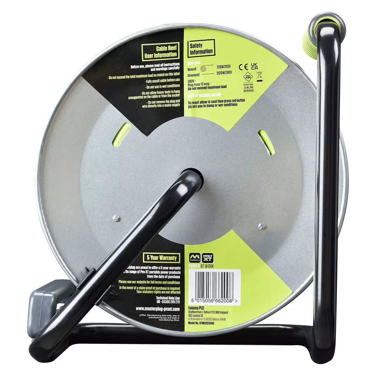 Masterplug 25 metre metal cable reel with four power sockets - 3