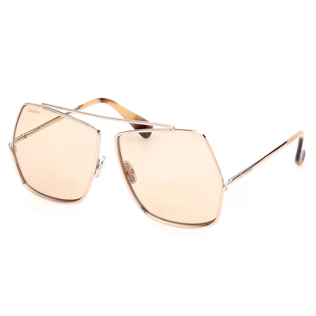 Three-quarter angle shot of MaxMara MM0006 28E women's oversized sunglasses featuring polished rose gold metal wireframes and matching rose gold lenses resting on a marble counter.