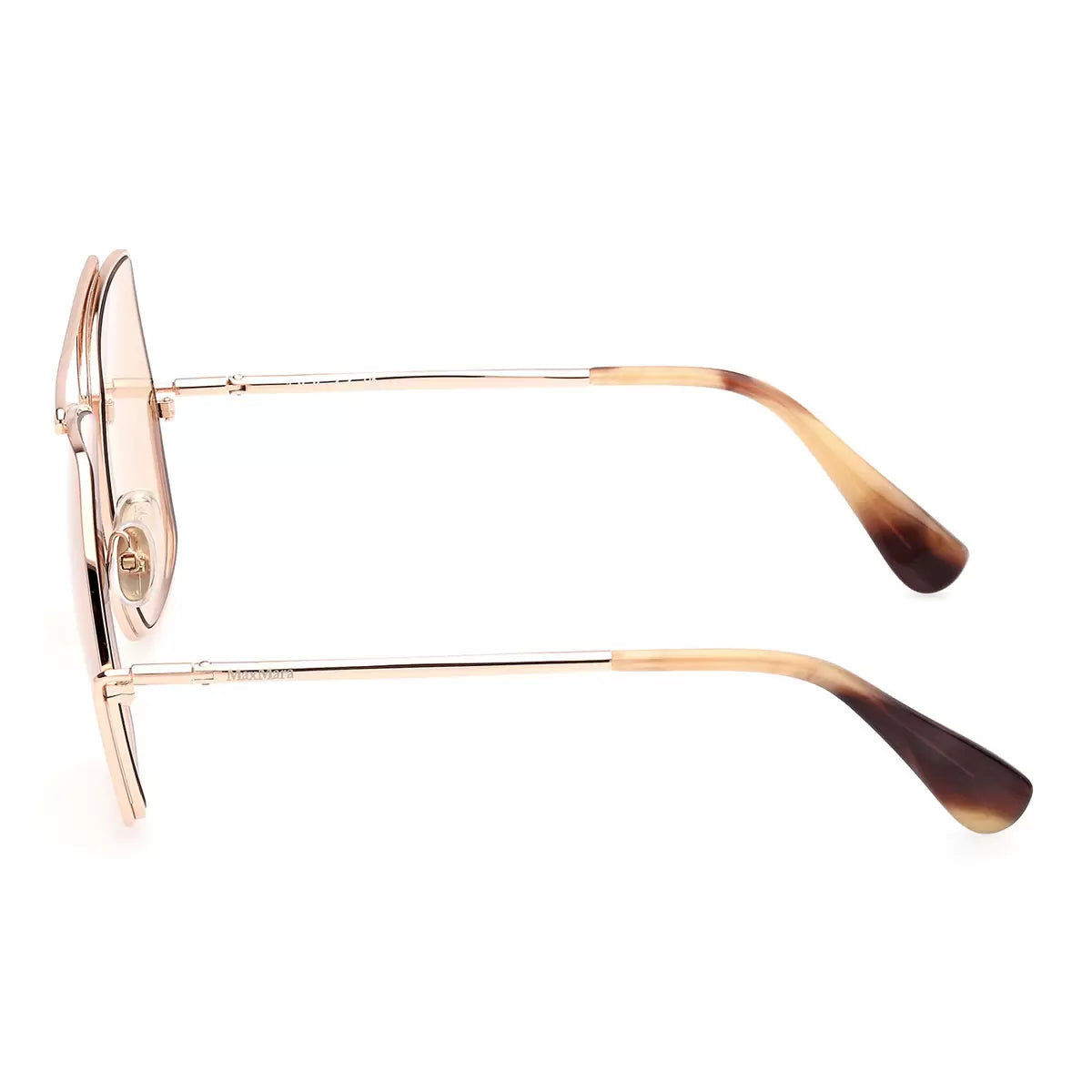 Three-quarter angle shot of MaxMara MM0006 28E women's oversized sunglasses featuring polished rose gold metal wireframes and matching rose gold lenses resting on a marble counter.