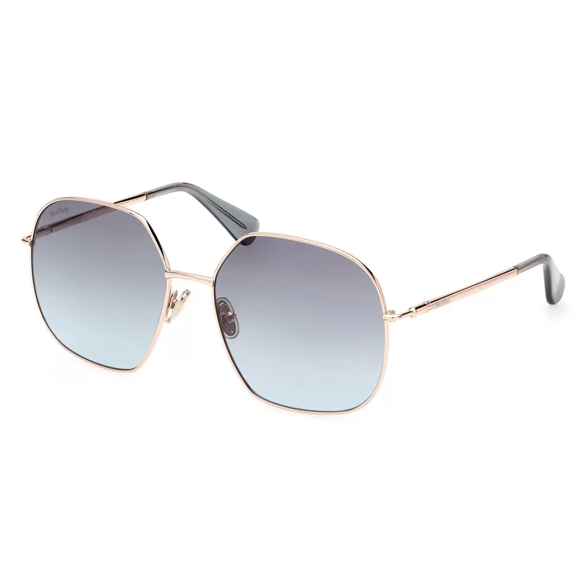 Front angle view of MaxMara MM0061 28W women's sunglasses featuring slender rose gold metal wireframes and oversized light blue lenses resting on a neutral white marble surface.