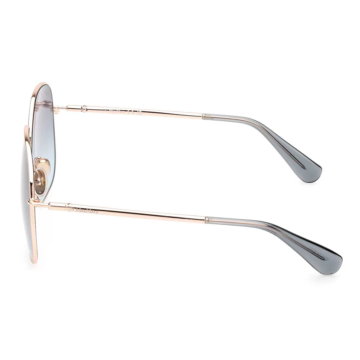 Front angle view of MaxMara MM0061 28W women's sunglasses featuring slender rose gold metal wireframes and oversized light blue lenses resting on a neutral white marble surface.