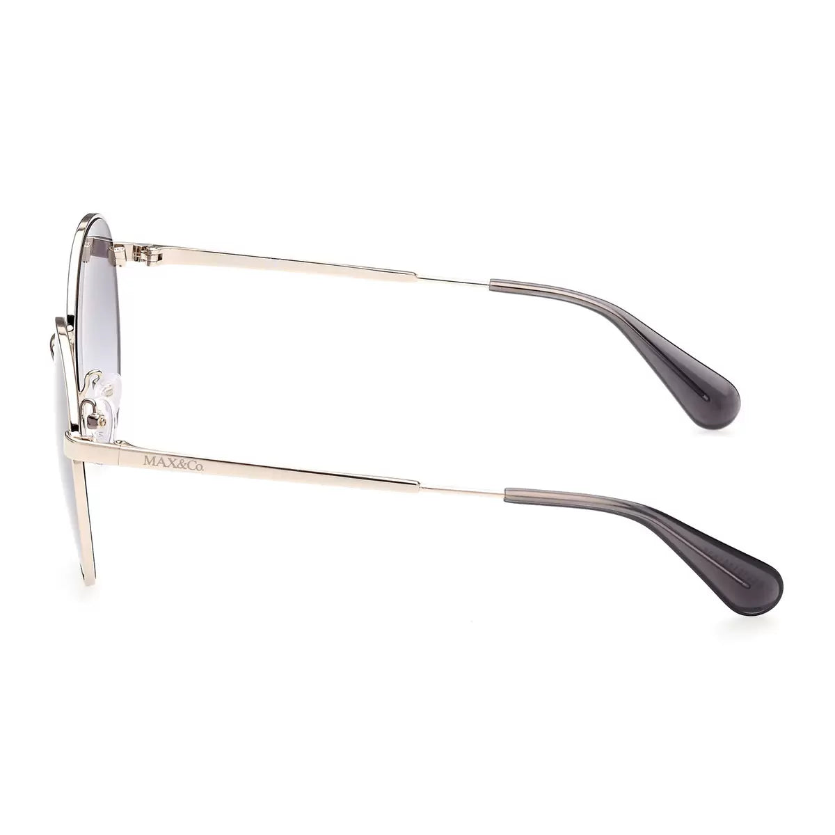 A high-resolution front view of the Max & Co MO0042 32B sunglasses featuring a refined, dark frame finish against a bright, minimalist studio backdrop.