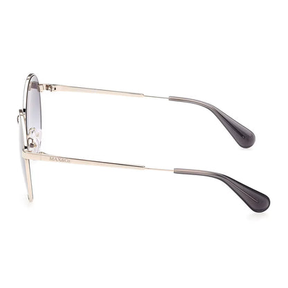 A high-resolution front view of the Max & Co MO0042 32B sunglasses featuring a refined, dark frame finish against a bright, minimalist studio backdrop.