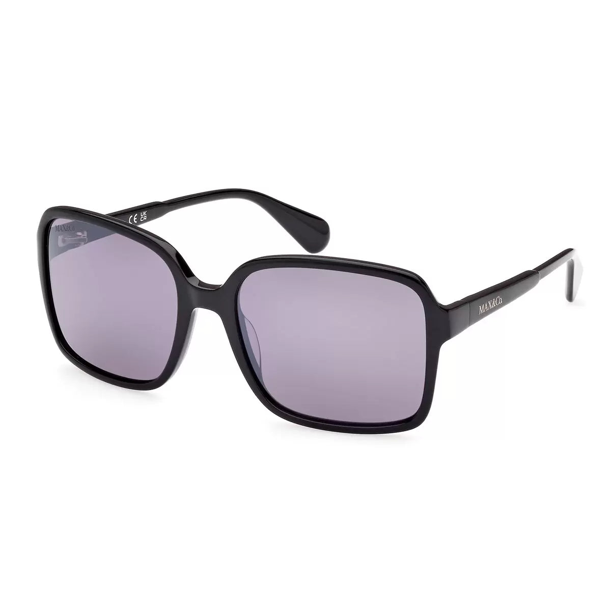 A side-profile view of the Max & Co MO0079 01C sunglasses with a glossy black finish, set against a bright, neutral studio background.