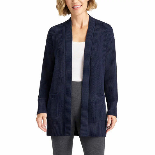 Max & Mia women's long open-front cardigan in olive green 550gsm combed cotton displayed on a mannequin against a warm neutral background.