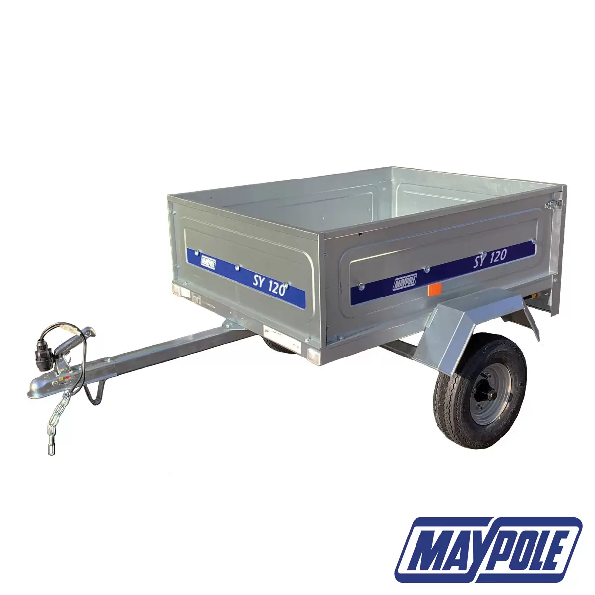 A silver galvanised steel Maypole SY120 utility trailer with its grey weather-resistant PVC flat cover tied down tightly with elasticated cords, viewed from a three-quarter angle.
