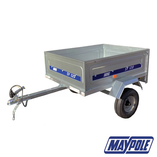 A silver galvanised steel Maypole SY120 utility trailer with its grey weather-resistant PVC flat cover tied down tightly with elasticated cords, viewed from a three-quarter angle.