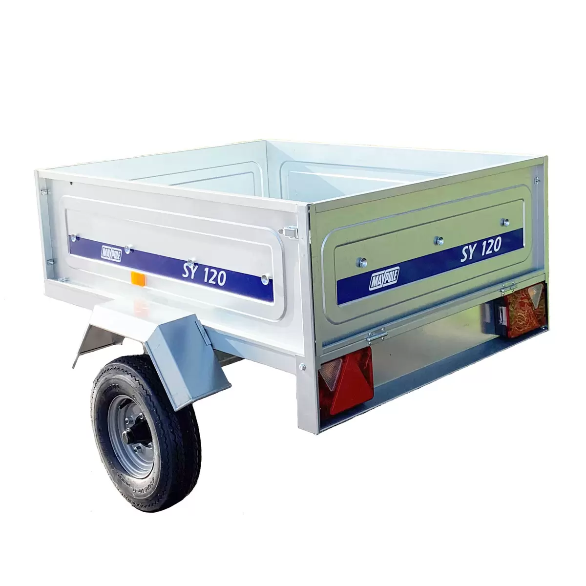 A silver galvanised steel Maypole SY120 utility trailer with its grey weather-resistant PVC flat cover tied down tightly with elasticated cords, viewed from a three-quarter angle.