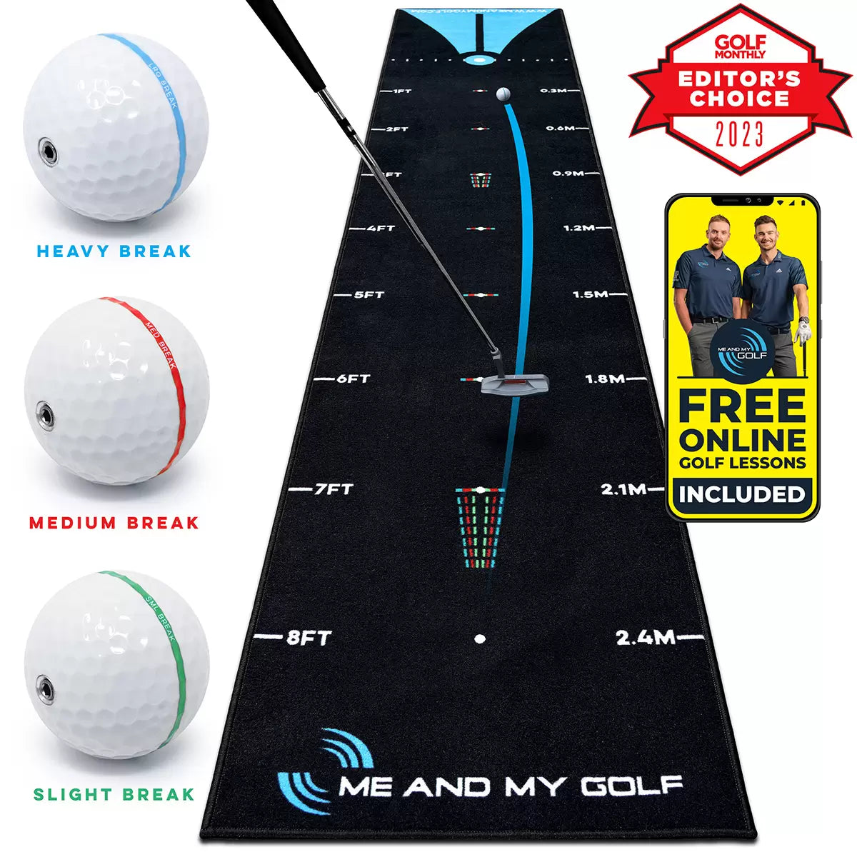 Black nylon Me and My Golf 11ft putting mat rolled out flat on a hardwood floor, featuring clear blue alignment markings and three blue-accented weighted training balls.