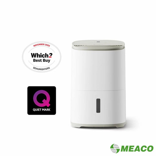 Front view of the MeacoDry Arete One 12L Dehumidifier in Warm Pebble standing on a modern wooden floor.